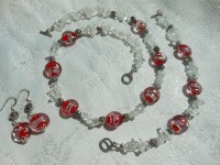 Set cuart alb transparent cu margele Murano rosii	